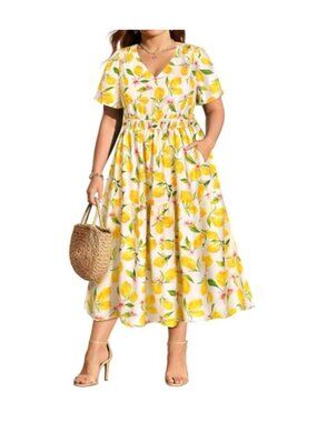 Plus Size V Neck Short Sleeve Floral Maxi Dress Smocked Waist Casual Summer